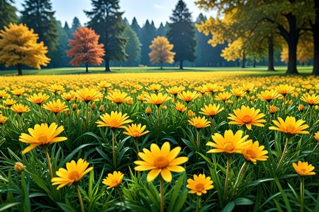 Field of daisies in the park. Colorful autumn landscape.の素材
