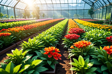 Beautiful tulip garden in the greenhouse with sun light, stock photoの素材