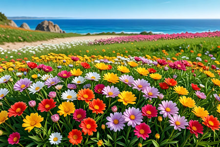 Flower meadow with colorful daisies on the sea coastの素材