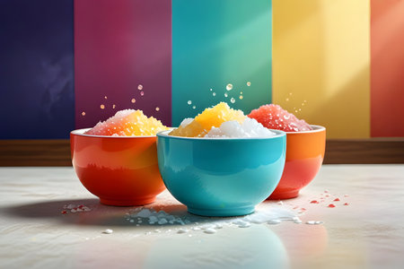 Colorful fruit jelly in bowls on wooden table. 3d renderingの素材