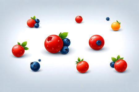 Blueberry, strawberry, cherry, orange and raspberry on white backgroundの素材