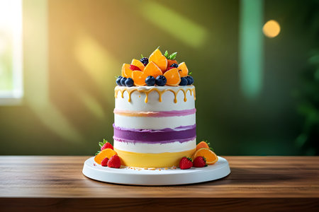 Colorful birthday cake with fresh berries on wooden table, closeupの素材