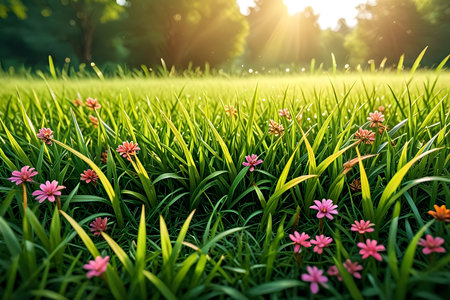 Green grass with pink flowers in the morning sunlight. Nature background.の素材