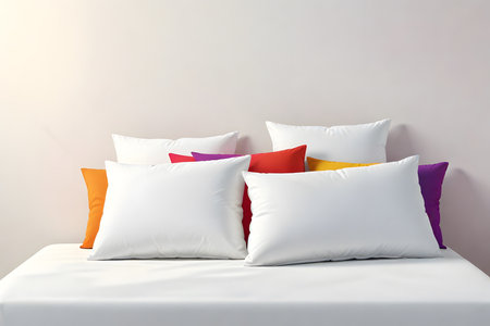White and red pillows on a white bed. 3d renderingの素材