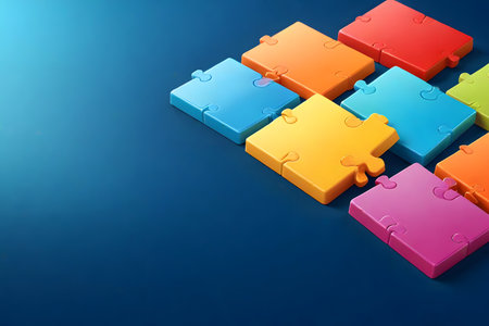 Colorful puzzle pieces on blue background. 3d render illustration.の素材