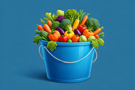 Fresh vegetables in a bucket on a blue background. 3d renderingの素材