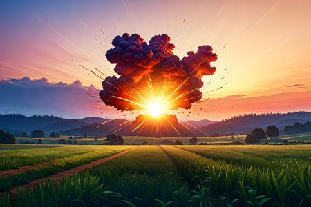 Explosion on rice field at sunset. Nature background. 3d renderingの素材
