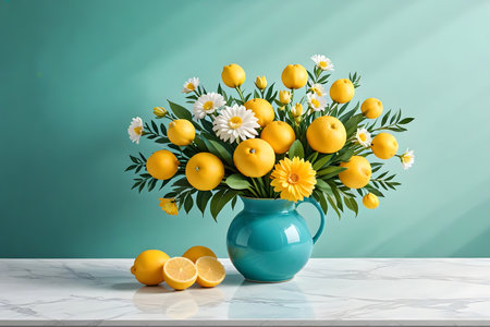 Bouquet of yellow lemons and daisies in blue vaseの素材