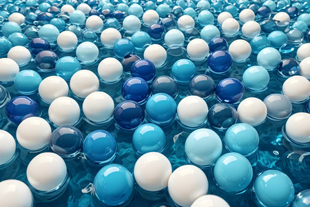 3d rendering of blue and white spheres floating in water, abstract backgroundの素材