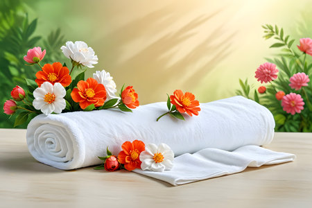 Spa towels with flowers on wooden table and natural green background.の素材