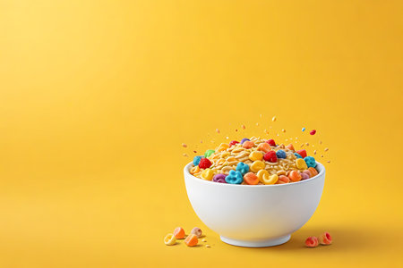 Colorful cereal in a bowl on yellow background. Copy space.の素材