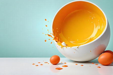 Egg splashing out of a cup on a blue background.の素材