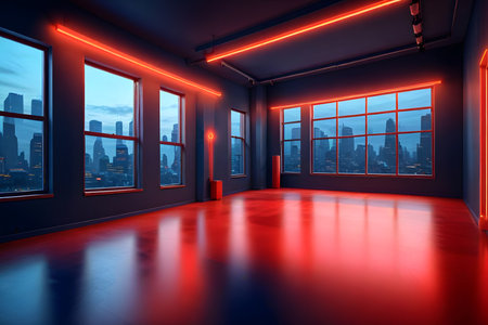 3d render of empty room with red neon lights and city viewの素材