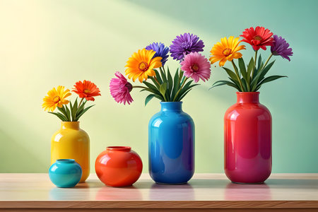 Colorful vases with flowers on wooden table. 3d renderの素材