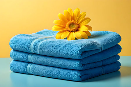 Stack of blue towels with yellow daisy flower on yellow background.の素材