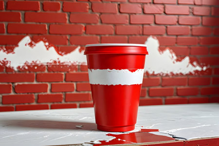 Red plastic cup on the table against the background of a red brick wallの素材