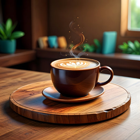 Coffee cup on wooden table in coffee shop, stock photoの素材