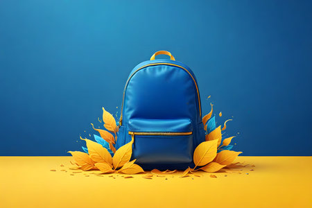 Blue backpack with yellow leaves on a blue background. 3D renderingの素材