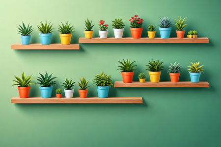 Illustration of beautiful houseplants in pots on the shelves.の素材