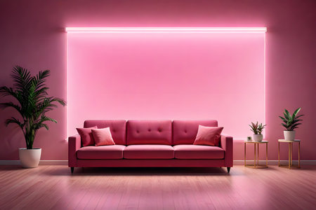 Pink sofa in modern living room with pink wall and plants - renderingの素材