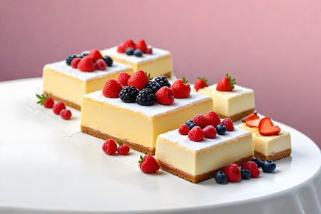 Tasty cheesecake with berries on white plate, close-upの素材