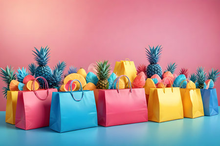 Colorful shopping bags and pineapples on blue background. 3D Renderingの素材