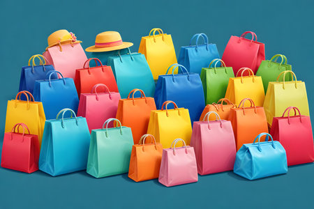 Colorful shopping bags isolated on blue background. 3d rendering.の素材