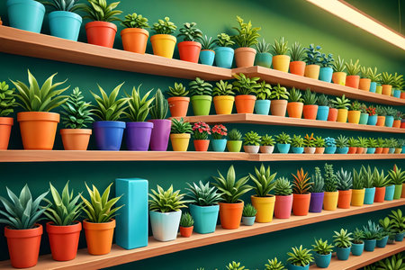 Plants in pots on the shelf in the store. 3d renderingの素材