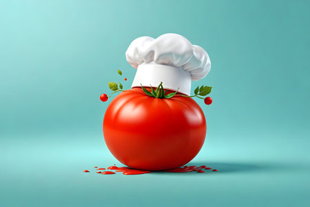 3d rendering of a red tomato with a chef hat on a blue backgroundの素材