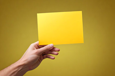 Yellow paper card in hand on yellow background with copy space for textの素材