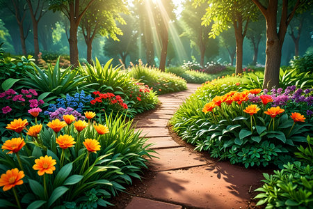 Beautiful flower garden in the morning with sunlight. Nature background.の素材