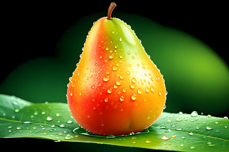 Ripe pear with drops of water on a green leaf on a black backgroundの素材