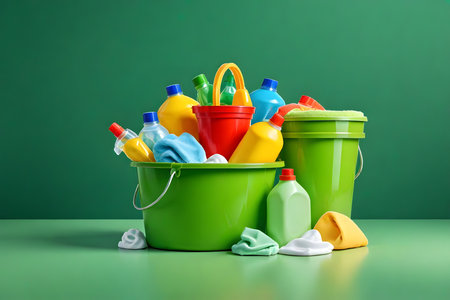 Plastic bucket with cleaning products on green background. Cleaning conceptの素材