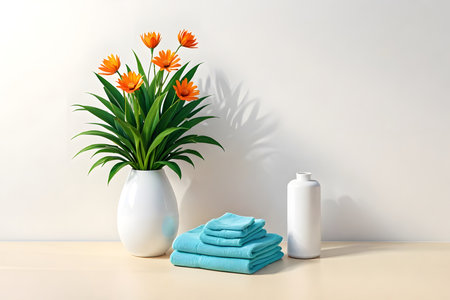 Plant in vase with towels and shampoo bottle on the tableの素材