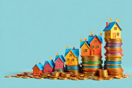 Conceptual image of growing real estate market. Colorful houses and coins on blue backgroundの素材
