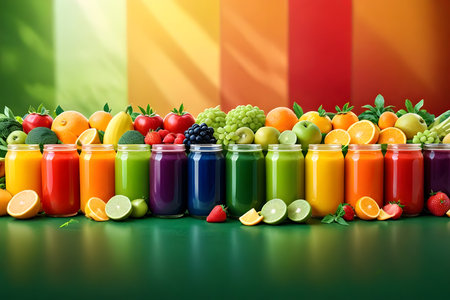 Colorful smoothies with fruits and berries in glass jars on green backgroundの素材