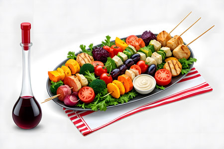 Vegetable kebab on skewers on a white backgroundの素材
