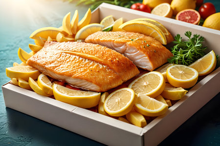 Tasty grilled salmon with lemon slices in white box on blue tableの素材