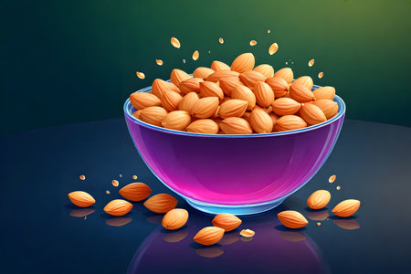 Almond in a bowl on a dark background. Vector illustration.の素材