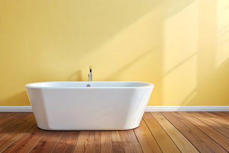Bathroom interior with white bathtub and yellow wall. 3d renderの素材