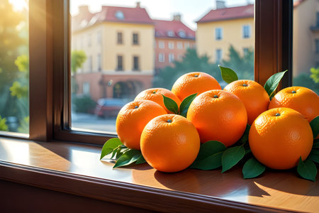 Oranges with green leaves on the window sill. Selective focus.の素材