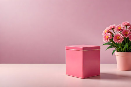 Pink flower pot with pink gift box on pastel pink background.の素材