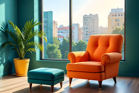 Modern living room interior with orange armchair and green plants. 3d renderの素材
