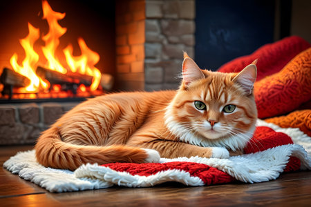 Cute ginger cat lying on the floor near the fireplace. Fluffy pet.の素材