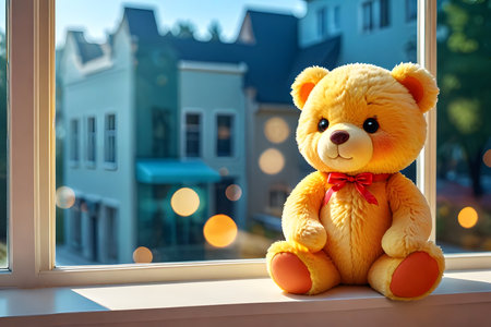 Cute teddy bear sitting on window sill in the city.の素材