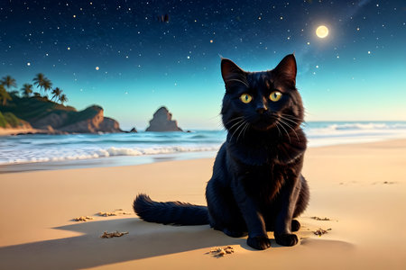 Black cat sitting on the beach at night. 3D rendering.の素材