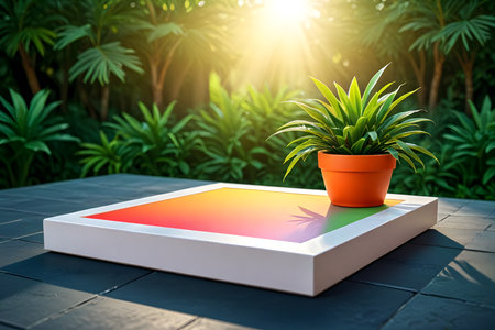 3D rendering of a flower pot on a wooden table in a gardenの素材