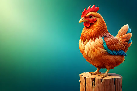 Rooster on a wooden post on a green background. 3d renderingの素材