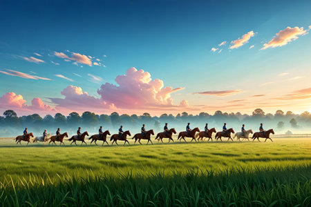 Group of riders riding horses in the field at sunset,3d renderの素材