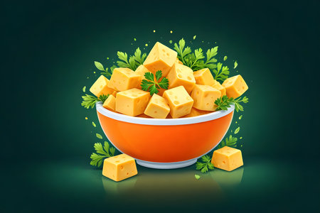 Cubes of yellow cheese in a bowl on a green background.の素材